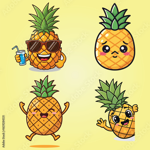 Cheerful cartoon pineapple characters displaying diverse moods including happy jumping, cool sunglasses with drinks, and shy peeking.
