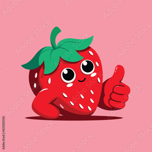 Cute Cartoon Strawberry Character with Big Eyes Giving a Thumbs-Up Gesture on a Soft Pink Background