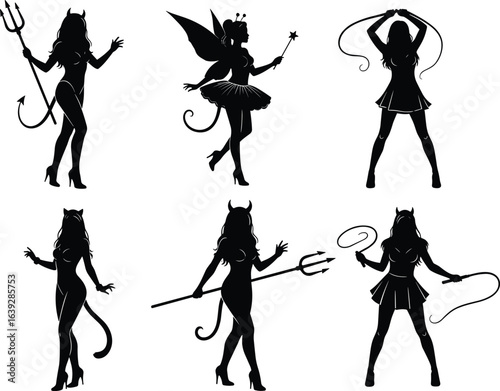 Silhouette collection of women in devil and fantasy costumes, holding tridents, whips, and wands, isolated on white background, perfect for Halloween, cosplay, and fantasy designs