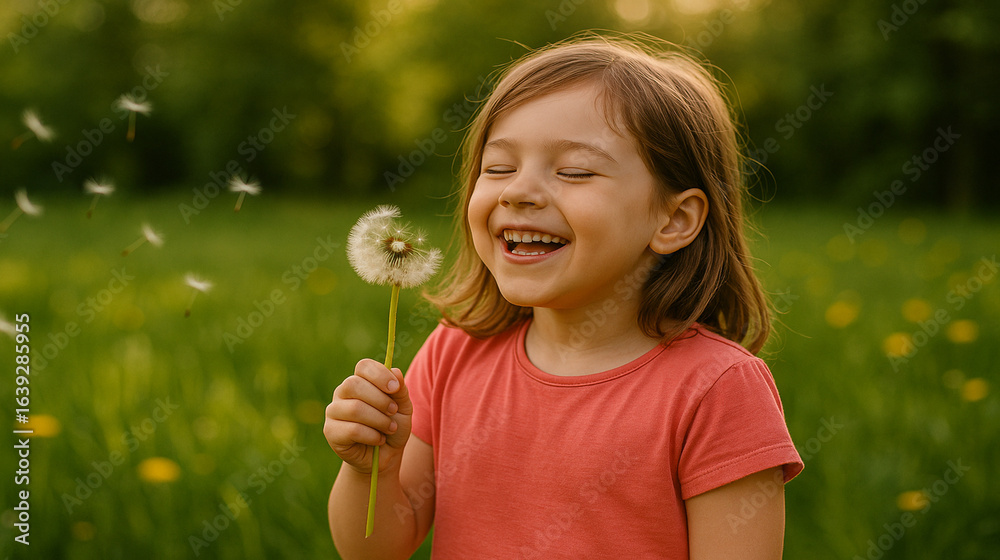 Joyful child blowing dandelion seeds in a lush green field during golden hour Joyful child blowing dandelion seeds in a lush green field during golden hour