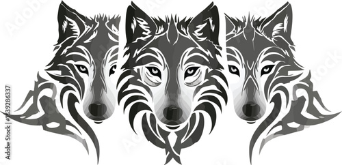 Three stylized wolf portraits in tribal pattern