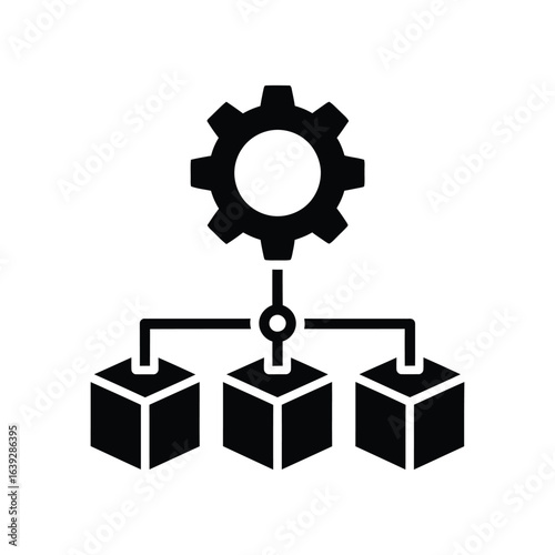 System integration and process automation glyph icon, with a central gear managing three modular cubes.