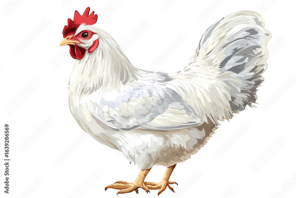 Fototapeta premium White chicken standing on a transparent background with detailed feathers and a colorful comb, showcasing its natural grace and beauty in a minimalist setting for art lovers