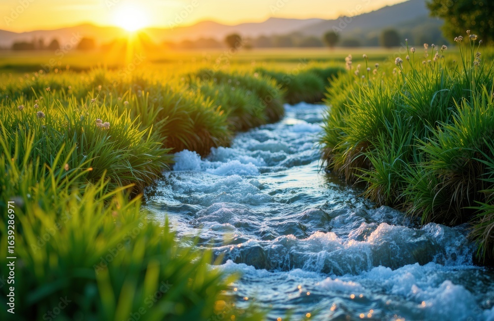 Naklejka premium Sunset over a flowing river surrounded by lush green grass and rolling hills