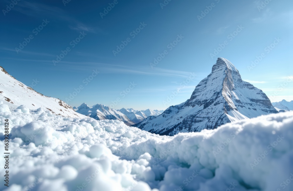 Obraz premium Majestic snow-covered mountain peak rising above clouds under a clear blue sky