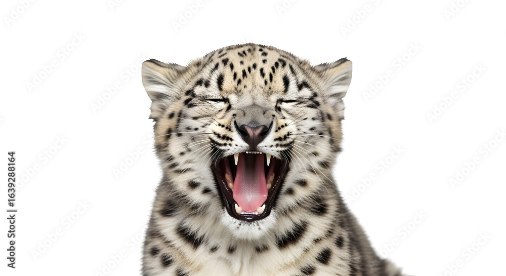 Fototapeta premium Snow leopard cub yawning with visible fangs, isolated on white background