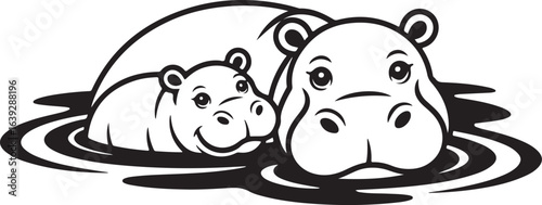 Black and White Illustration of Two Hippos Partially Submerged in Water