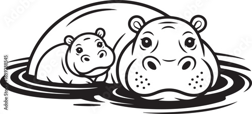 Black and White Illustration of Two Hippos Partially Submerged in Water