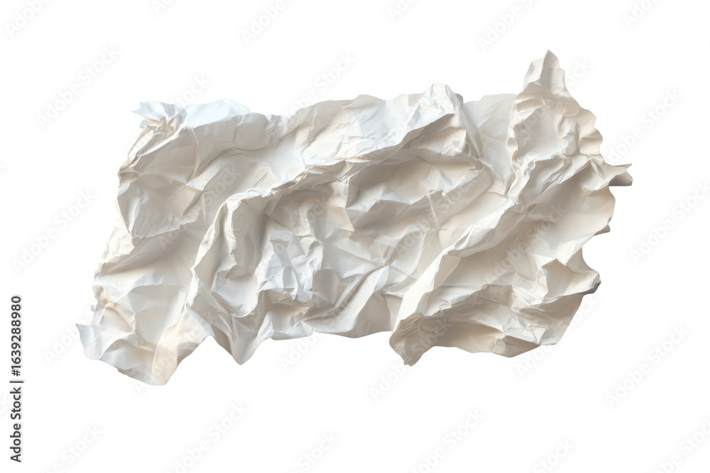 Obraz premium Crumpled sheet of white paper texture with detailed folds and creases set against a transparent grid background for design purposes