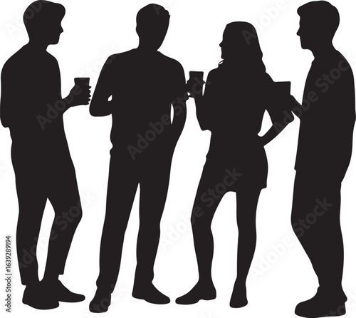 Black and White Silhouette of Four Young People Standing in Conversation