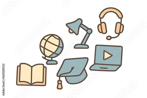 Educational elements representing online learning and study tools suitable for students and teachers