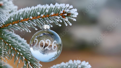 Celebration of New Year 2026 with a Christmas ornament hanging on a snow covered pine tree branch