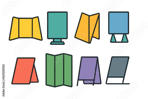 Variety of display stands and menus used for presenting information in restaurants and events