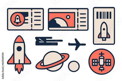 Illustrations of space travel elements with rockets, planets, and satellites in a creative design