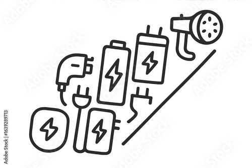 Illustration of various charging devices, batteries, and connectors on a diagonal axis with energy symbols
