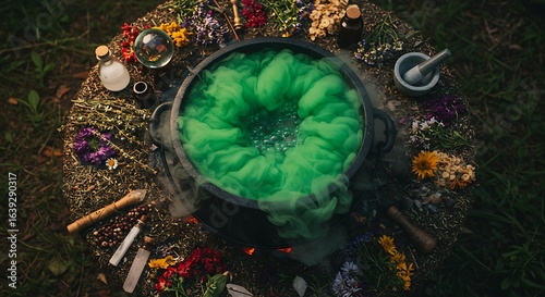 Magical cauldron brewing vibrant green potion with smoke