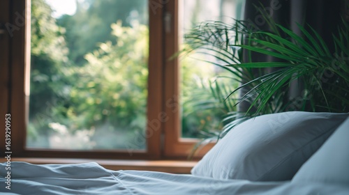Cozy bedroom interior with tropical decor and soft ambient lighting, featuring blurred garden view through window, captured at f/2.8 for dreamy shallow depth of field
