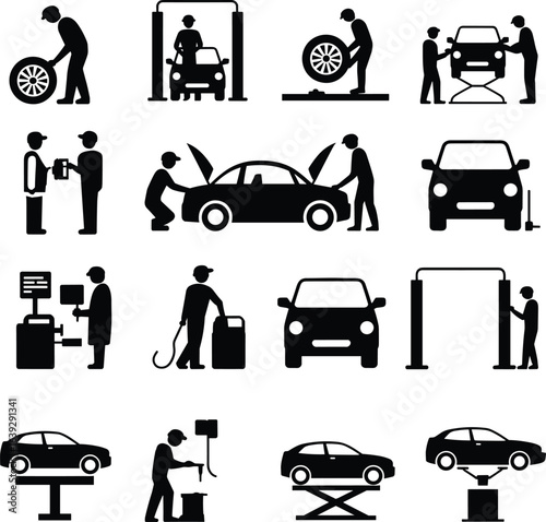 Car repair service icons, mechanic silhouettes, auto maintenance tools, tire change, oil service, diagnostics, vehicle inspection, workshop equipment, automotive repair process