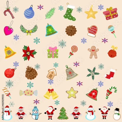 Cute Christmas Ornaments and Holiday Icons with Santa, Snowman, Bells, Gifts, Candy, Gingerbread, and Festive Winter Decorations Pattern