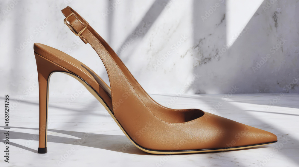 Obraz premium Elegant tan high heel slingback shoe with pointed toe, displayed on marble surface in natural sunlight and soft shadow background.