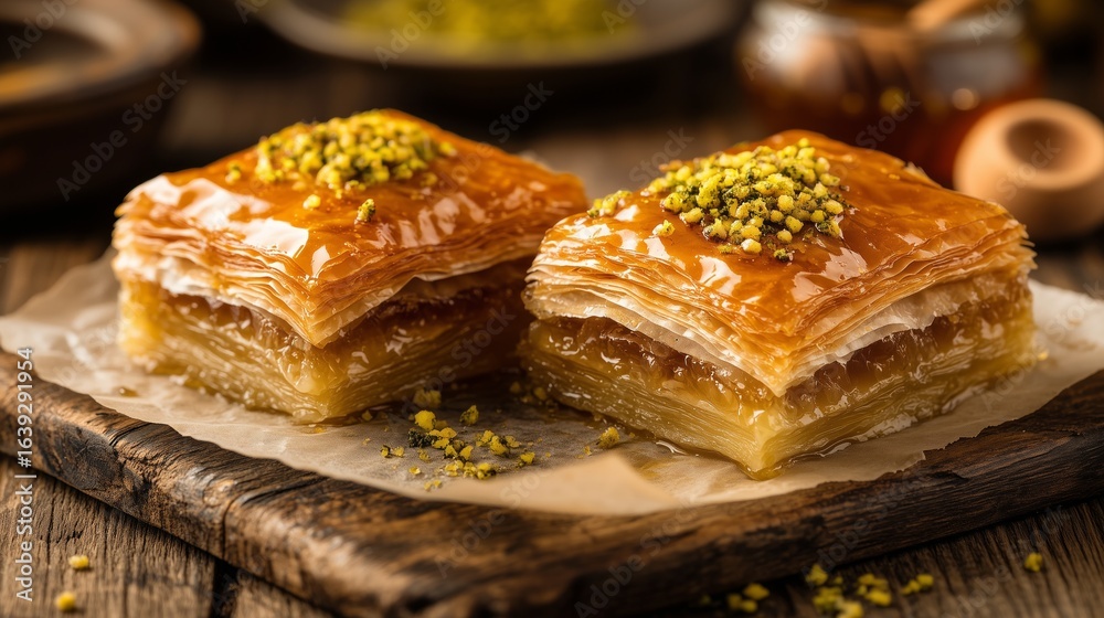 Two pieces of baklava covered in pistachios and honey sit on parchment paper on a wooden cutting board Two pieces of baklava covered in pistachios and honey sit on parchment paper on a wooden cutting board