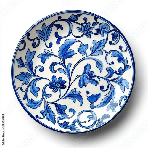 Blue and White Porcelain Plate with Intricate Floral Design, Generative AI