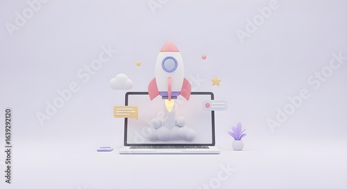 3D Render of a Rocket Launching from a Laptop Screen