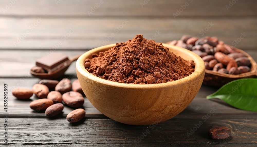Cocoa powder in a wooden bowl surrounded by raw cocoa beans on wooden table, rich chocolate aroma, organic ingredient, natural food concept, artisanal culinary scene Cocoa powder in a wooden bowl surrounded by raw cocoa beans on wooden table, rich chocolate aroma, organic ingredient, natural food concept, artisanal culinary scene