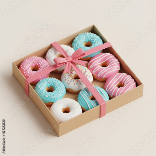 Delicious Donuts in a Box with Pink Ribbon Sweet Gift 3D Vector Illustration