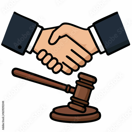 Handshake taking place above a Judges Gavel, symbolizing agreement