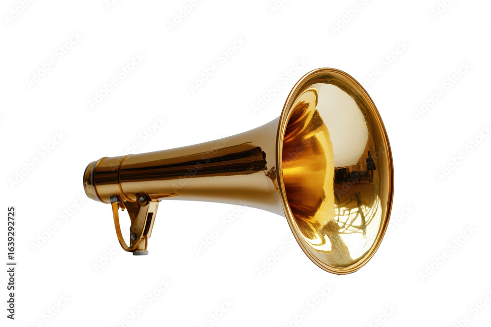 Obraz premium Gold horn megaphone on a white background, an essential tool for effective communication and public speaking, showcasing its polished finish and unique design features