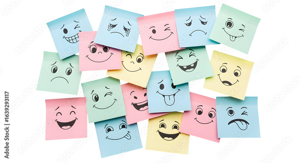 Fototapeta premium Soft pastel sticky notes with doodle faces, isolated on white background