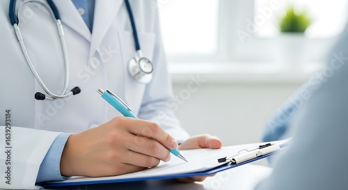 A doctor writes on a patients chart with a pen