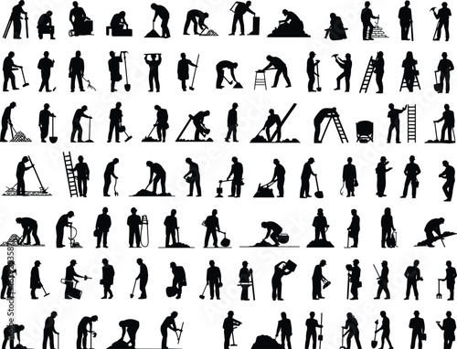 Construction worker silhouettes in various working positions, labor tools, manual job, industrial activity, building site action, black vector illustration