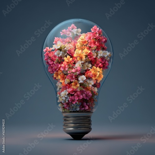 Colorful flowers inside lightbulb, studio shot, creative idea