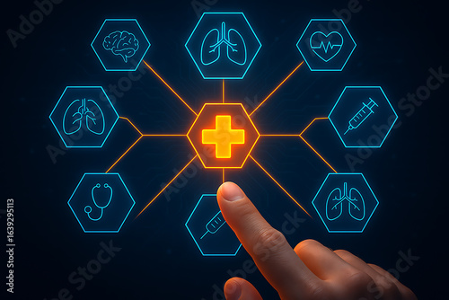 Digital health network with central medical cross connecting organ icons, hand selecting hub for hospital systems, telehealth and analytics