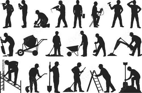 Construction workers silhouettes with tools, heavy machinery, safety helmets, working on site, shovels, wheelbarrows, ladders, digging, manual labor, industrial vector illustration