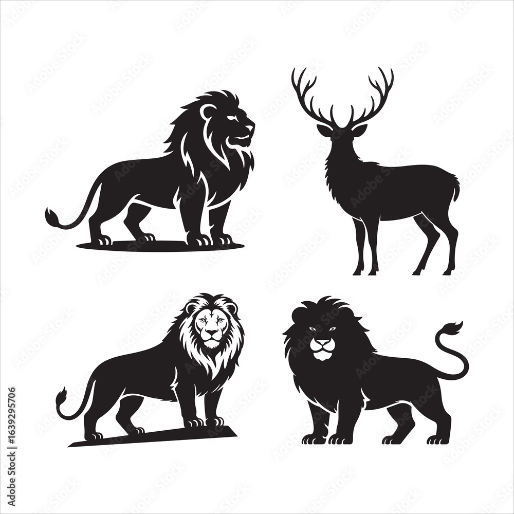 Obraz premium Majestic black silhouettes of lions and a deer on a white background