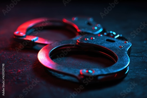 Metal Handcuffs on Dark Surface, Red Blue Lighting, Crime Scene