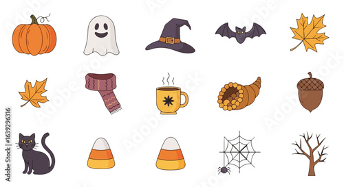Autumn Halloween icons on white backdrop present seasonal harvest elements. Autumn Halloween icons include fall leaves, seasonal creatures and symbolic objects for decorations, greeting cards,