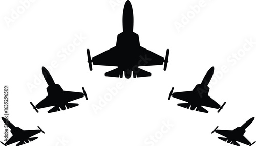 Silhouette of five fighter jets flying in formation, military aircraft, aviation, defense, air force, combat jets, aerial maneuver, tactical flying, high speed, squadron flight