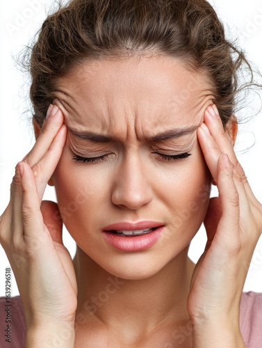 Wallpaper Mural Intense Headache: A close-up shot of a woman experiencing a severe headache, her hands pressing against her temples, her face etched with pain. Torontodigital.ca