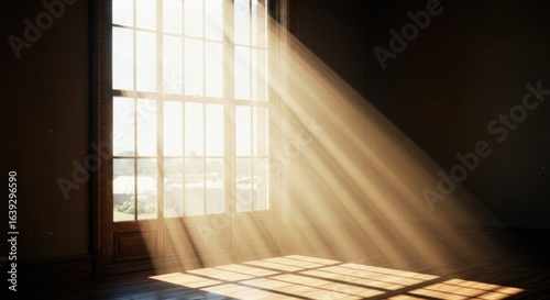 Sunlight streams through a large mullioned window into an empty room with dark walls and floor