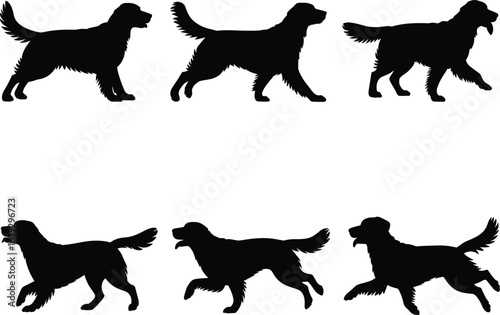 Dog silhouette, running dog, golden retriever, black dog clipart, walking pet, dog shadow, animal motion, canine silhouette vector