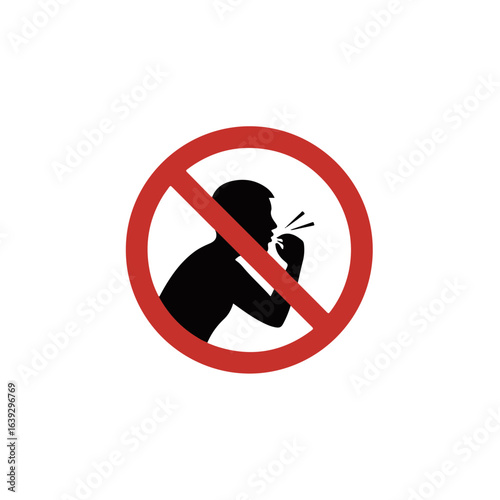 No spitting sign with silhouette of man against white, featuring red prohibition circle. No spitting in public spaces or no spitting at all. The no spitting sign warns against this habit,