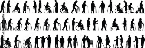 Elderly people silhouettes, seniors using walking sticks, wheelchairs, walkers, assisted living, caregiver support, mobility aid, aging population, healthcare, rehabilitation, senior care