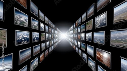 Digital gallery showcasing a series of vivid landscape photographs displayed on multiple screens, creating a mesmerizing visual journey through nature's beauty and diverse environments in a captivatin