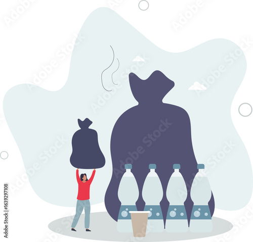 Character collecting plastic and other environmentally unfriendly trash.Plastic pollution problem concept.human life.