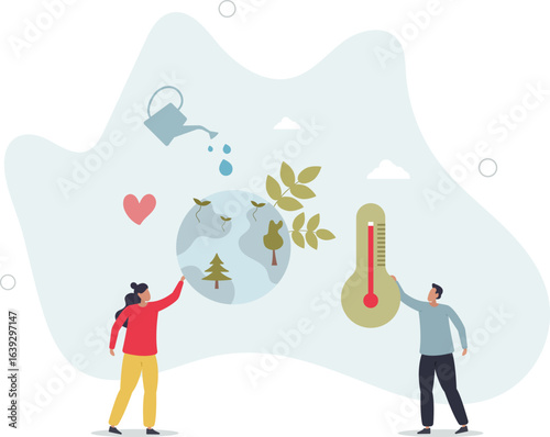 People Characters trying to Save Planet Earth.Woman and Man Planting and Watering Trees, Measuring Planet Temperature.human life.