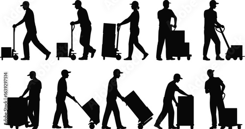 Silhouettes of workers pushing hand trucks, moving boxes, warehouse labor, logistics, delivery service, shipping, packaging, transportation, manual work, industrial job, cargo handling
